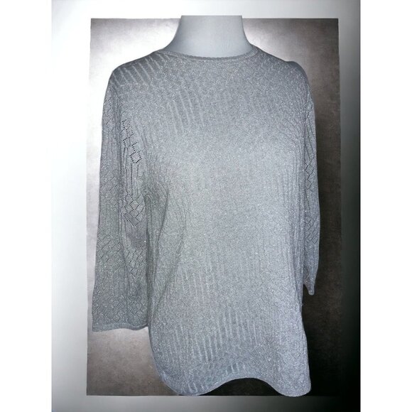 Alfred Dunner quarter sleeve solid silver lame metallic pullover sweater NEW S - Picture 1 of 6